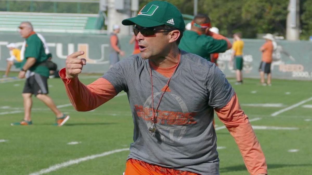 UM defensive coordinator Manny Diaz looks on during spring practice Thursday, March 17, 2016 at Greentree Field in Coral Gables.