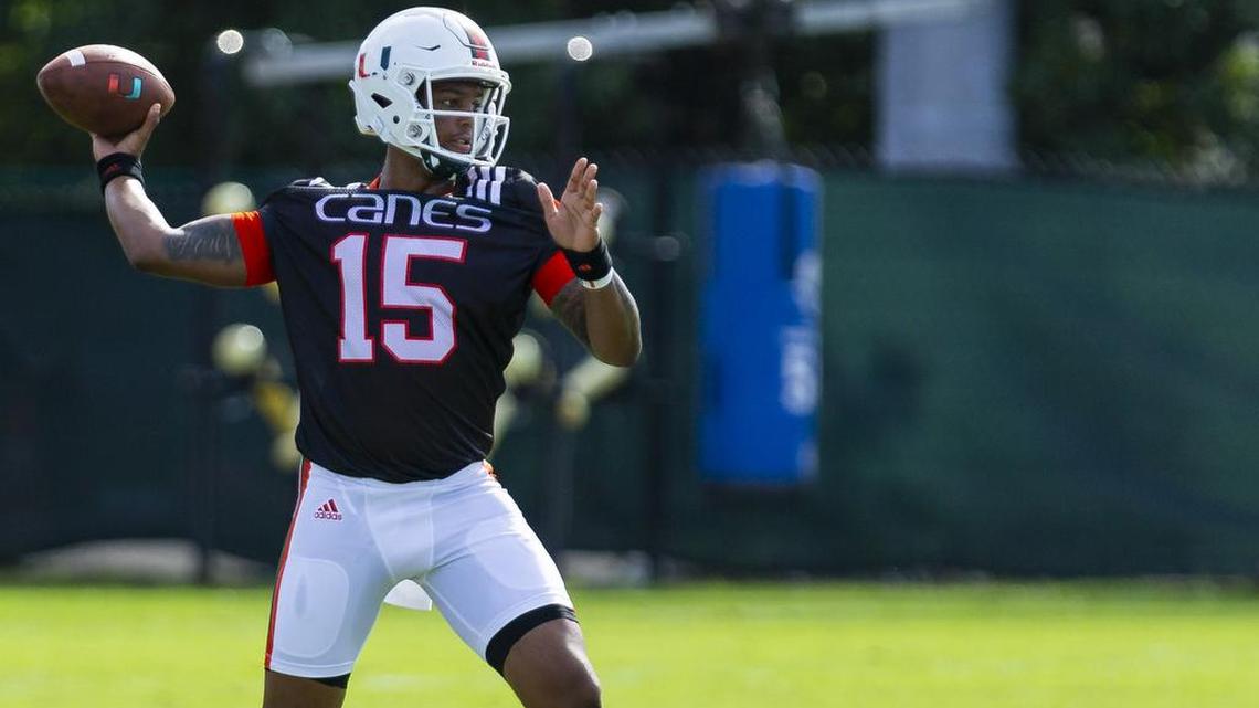 Miami quarterback Jarren William, shown during fall camp at Greentree Field on campus, did not travel with the Hurricanes to Virginia because he is suspended for violating team rules.