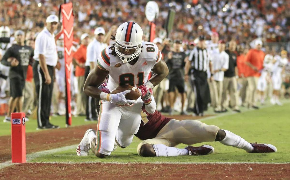 Miami Hurricanes wide receiver Darrell Langham scores the winning touchdown at Florida State in Tallahassee on Saturday, Oct. 7, 2017.
