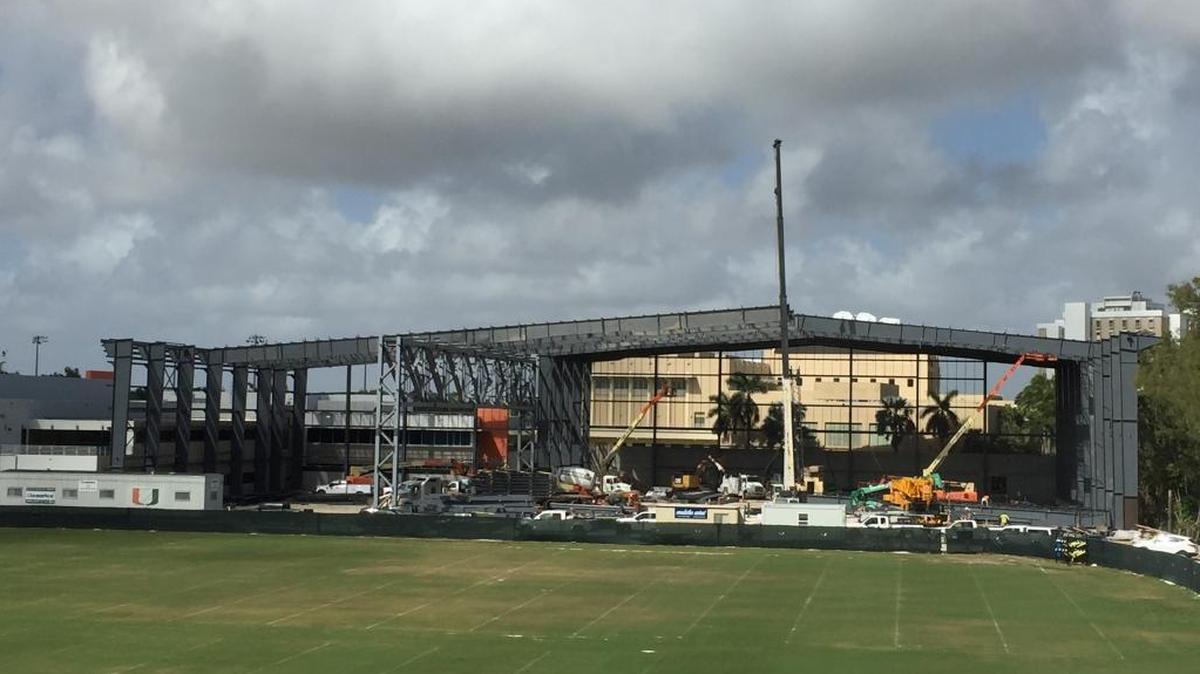 University of Miami athletic director Blake James said Tuesday he expects the new Carol Soffer Football Indoor Practice Facility to be completed by the start of fall practice in early August.