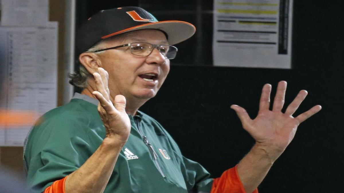 University of Miami head coach Jim Morris in the dugout during the season's home opener at Alex Rodriguez Park at Mark Light Field on Friday, February 17, 2017.