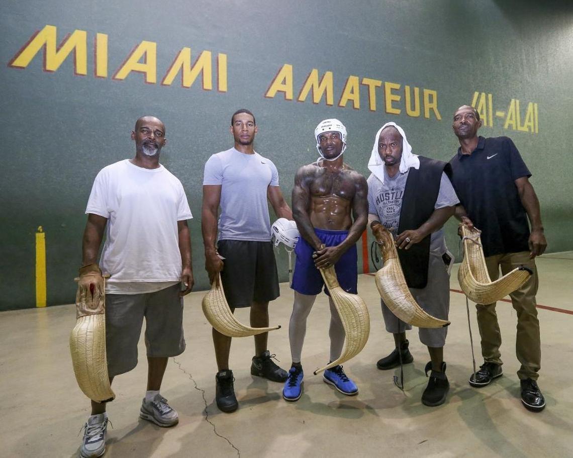 From left, University of Miami alumni Tony Gaiter, Les Bradley II, Tanard Davis, Nate ‘The Great’ Brooks and Kenny Kelly during training at American Amateur Jai-Alai on Thursday, Feb. 8, 2018. All were athletes while at UM.
