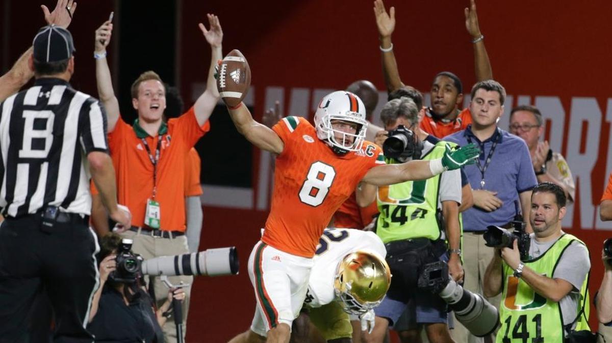 Miami receiver Braxton Berrios celebrates after scoring a touchdown against Notre Dame on Nov. 11, 2017, at Hard Rock Stadium. Berrios will play in his final home game for UM against Virginia on Saturday.