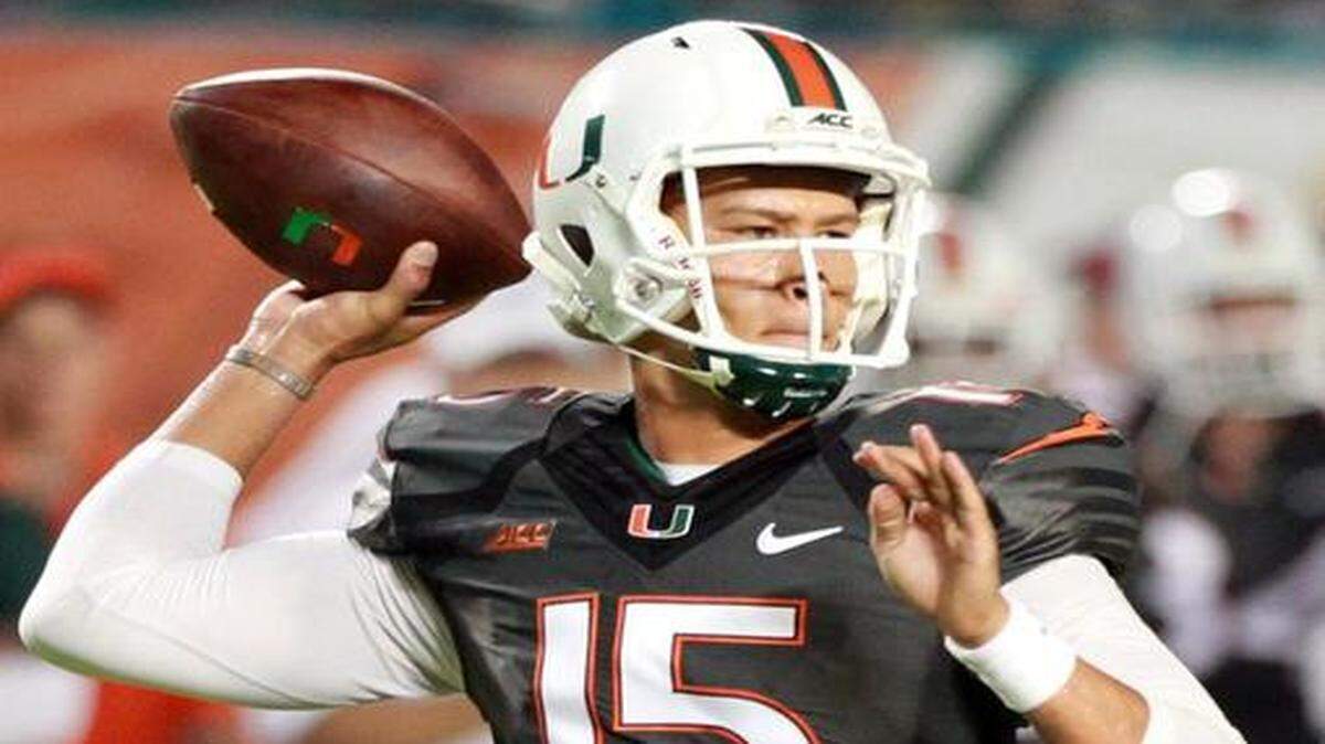 
UM quarterback Brad Kaaya throws a pass against Duke at Sun Life Stadium in Miami Gardens, Fla., Saturday, Sept. 27, 2014. 
