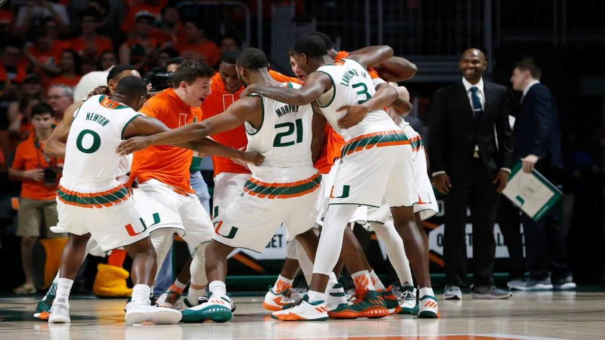 Miami players huddle before the start of NCAA college basketball game against Boston College, Wednesday, Jan. 25, 2017, in Coral Gables, Fla.