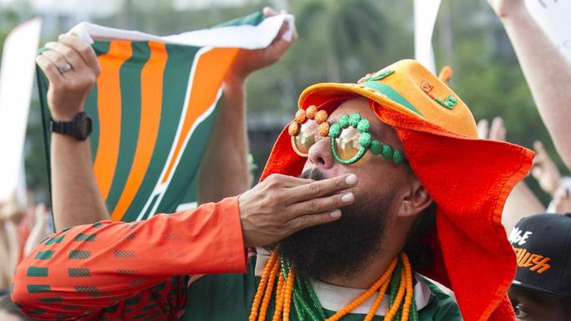 Bobby Johnson, 37, from Hallandale Beach, cheers during ESPN's College GameDay at the University of Miami in Coral Gables on Saturday, Nov. 11, 2017. The event took place a few hours before the University of Miami faced Notre Dame at Hard Rock Stadium.