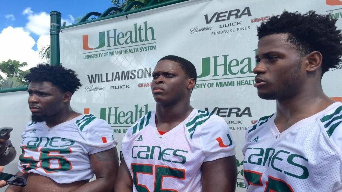 From left to right, University of Miami starting linebackers Michael Pinckney, Shaq Quarterman and Zach McCloud, shown in 2016 when they were freshmen.