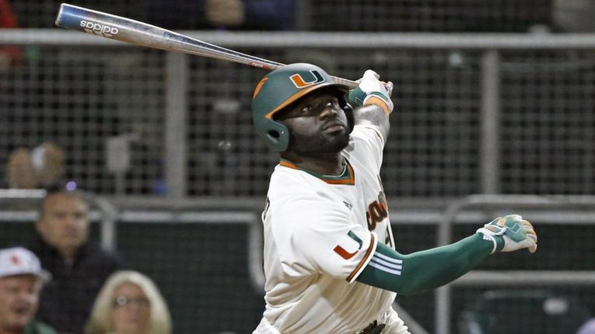UM outfielder Jacob Heyward, shown last week against Rutgers, helped the Canes beat St. Thomas University in extra innings on Wednesday, Feb. 24, 2016.