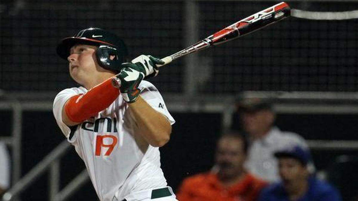 
UM’s David Thompson, pictured in a previous game, homered to help UM rout Florida Gulf Coast in Fort Myers. 
