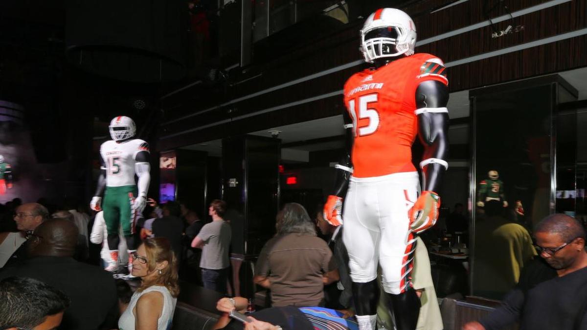 
The University of Miami unveils the new Adidas Hurricanes football uniforms during event at LIV nightclub inside the Fontainebleau Hotel on July 18, 2015. 

