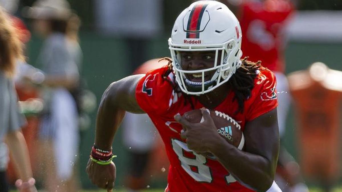 University of Miami tight end Michael Irvin II (87) runs a drill during the first day of fall training camp at the Greentree Practice Fields in Coral Gables on Saturday, August 4, 2018. UM announced Wednesday that Irvin is expected to miss four months of football after injuring his knee.