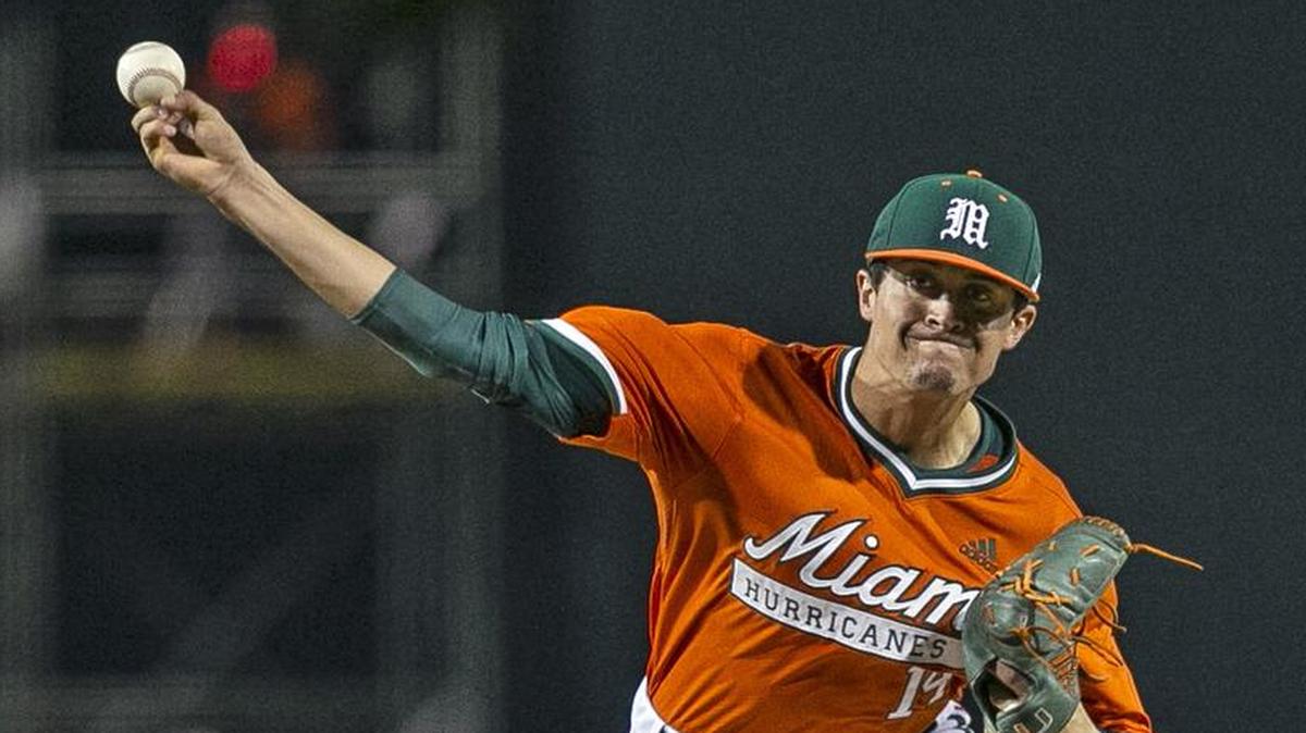 Miami Hurricanes pitcher Evan McKendry (14), shown in this Feb. 15, 2019, file photo, throws against Rutgers. McKendry (6-2) made his first start Friday, May 17, 2019, since April 19, when he left after just one inning against Louisville due to elbow tightness.