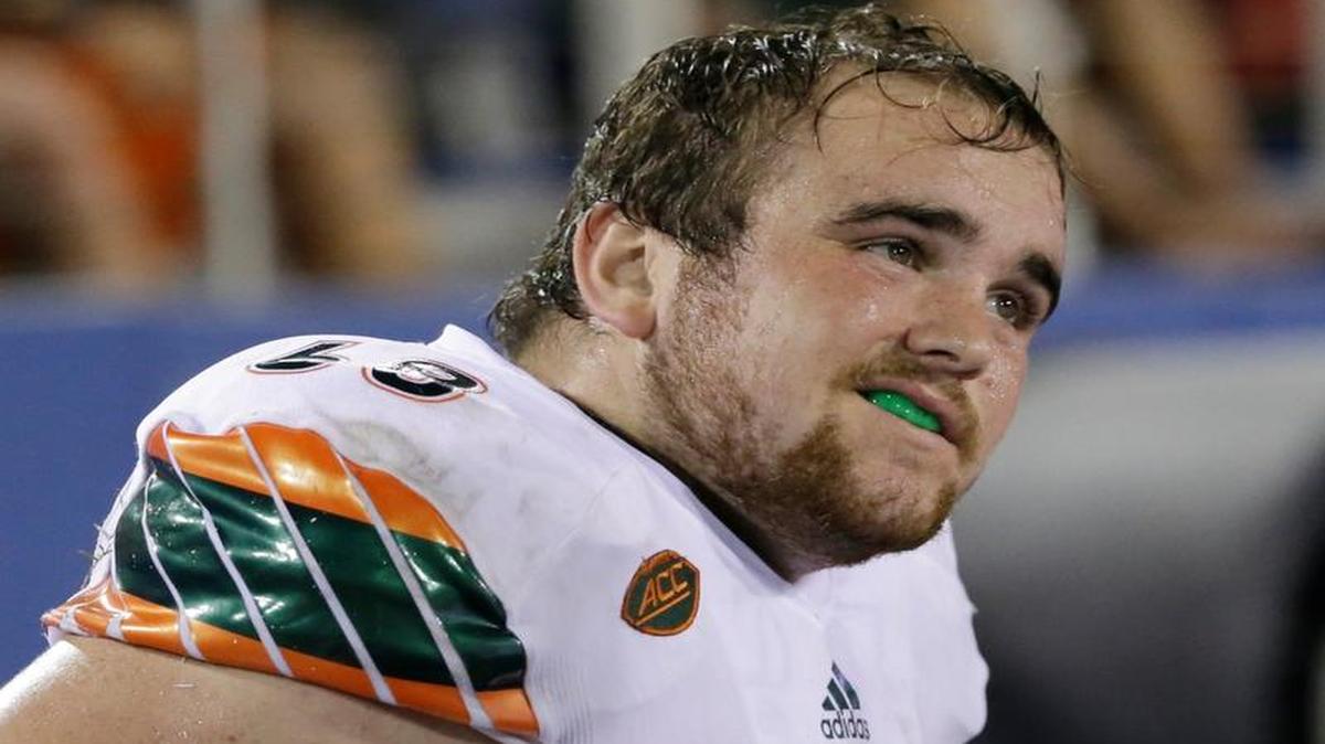 
UM offensive lineman Nick Linder is shown on the sideline during a game against Florida Atlantic on Friday, Sept. 11, 2015. 
