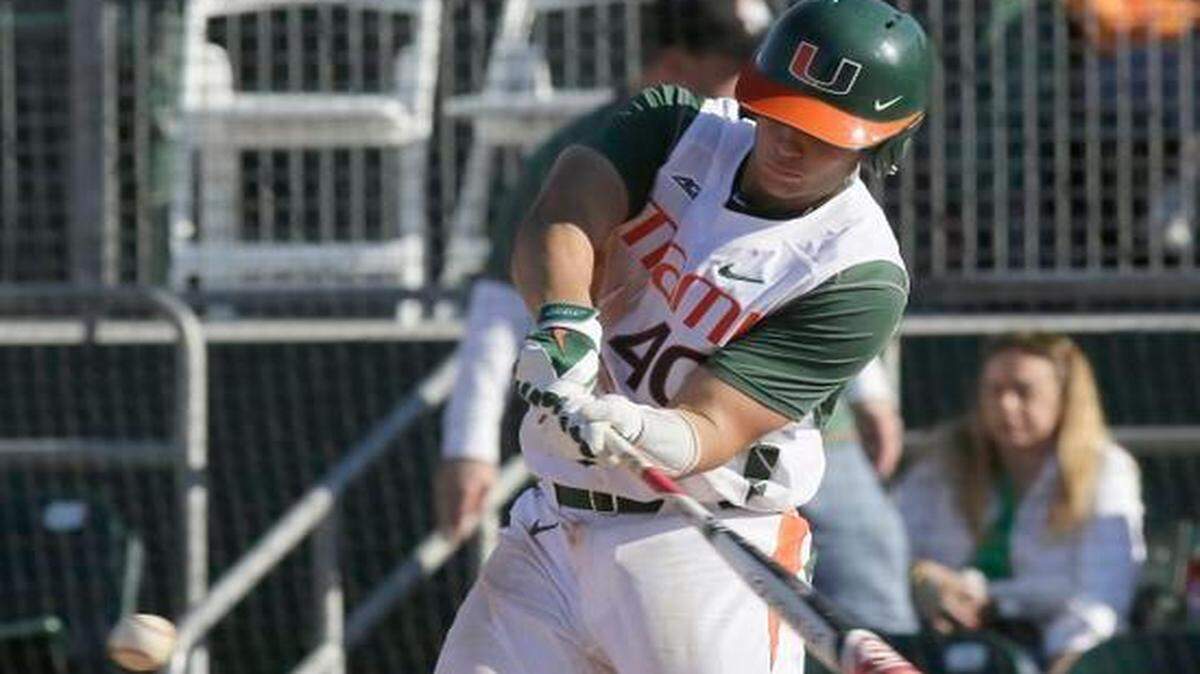 
UM’s Garrett Kennedy, pictured earlier this season vs. Rutgers, hit a walk-off home run to lift the Canes over Wright State on Friday, Feb. 27, 2015. 
