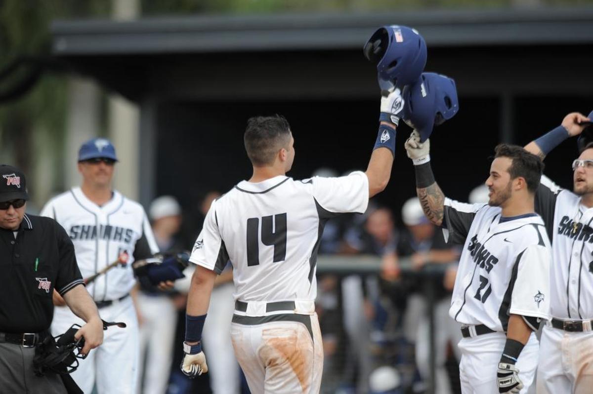 Jake Anchia, a star catcher at Nova Southeastern University, with teammates.