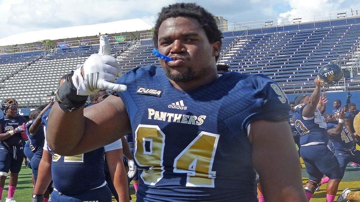FIU defensive tackle Marques Cheeks celebrates a victory over UTEP at FIU Stadium on Oct. 10, 2015 in Miami.