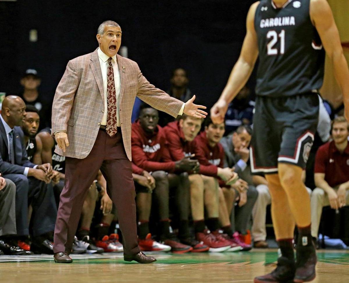 South Carolina Gamecocks coach Frank Martin screams at his players during his game against the FIU Panthers in Miami on Monday, Nov. 27, 2017.