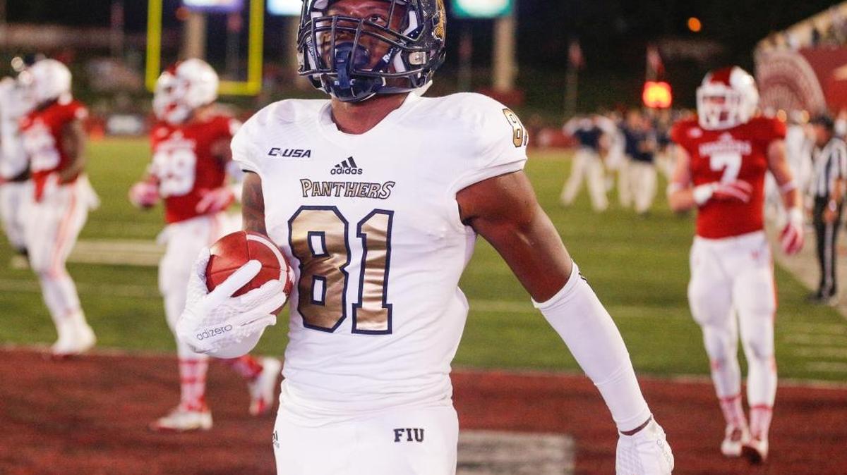 
FIU receiver Thomas Owens scores a touchdown against Indiana in Bloomington, Ind., Saturday, Sept. 12, 2015. 
