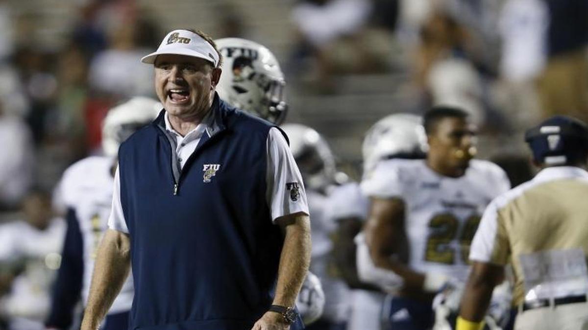 Head coach Butch Davis of the FIU Golden Panthers argues with officials in the fourth quarter against the Rice Owls at Rice Stadium on September 23, 2017 in Houston, Texas.