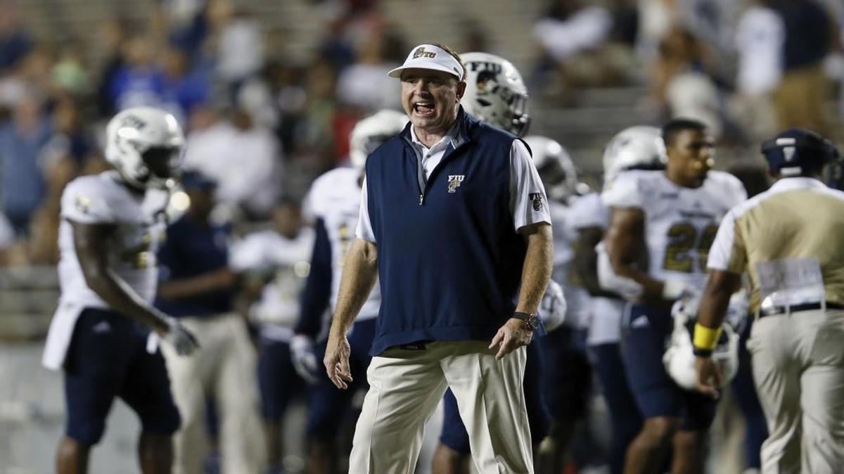 FIU head coach Butch Davis argues with officials in the fourth quarter against the Rice Owls at Rice Stadium on Sept. 23, 2017 in Houston, Texas.