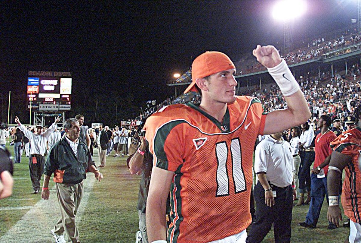 In 2001, Miami Hurricanes quarterback Ken Dorsey pumps his fist after a 65-7 victory against Washington.