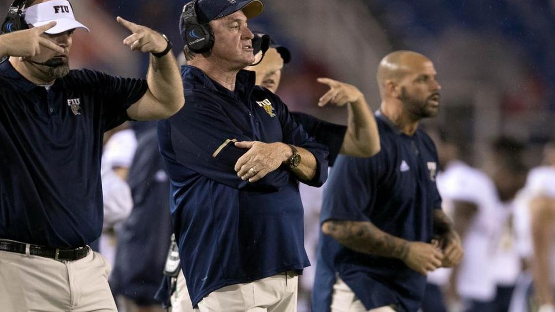 FIU Golden Panthers head coach Butch Davis (center) at FAU Stadium in Boca Raton, Florida on Nov. 19, 2017.