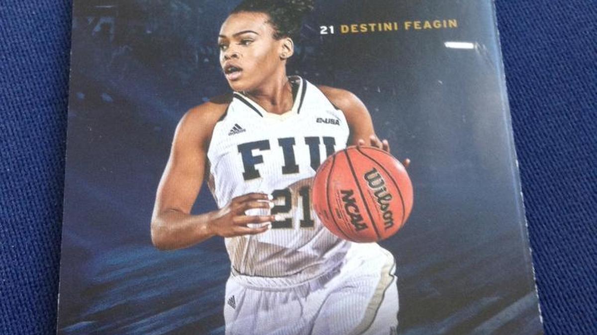 Team captain Destini Feagin on the cover of FIU’s 2015-16 pocket schedule. Feagin’s attorneys allege in her lawsuit then-head coach Marlin Chinn used Feagin on such materials because of his physical attraction to her.