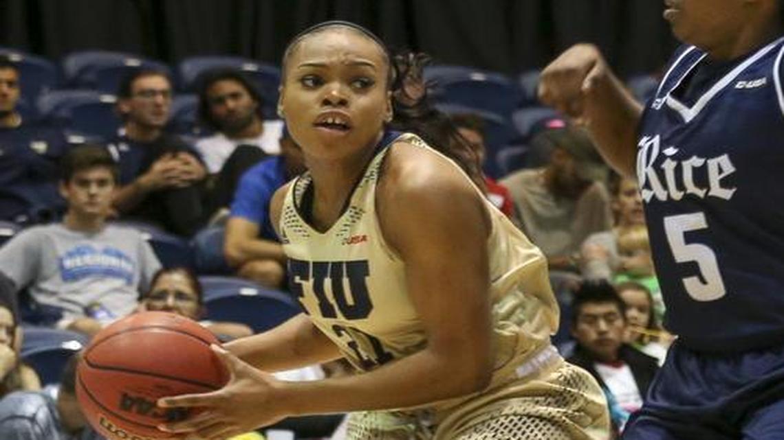 Florida International University's Destini Feagin (21) gets ready to shoot during a basketball game against the Rice Owls at the FIU Arena on Saturday, Feb. 20, 2016.