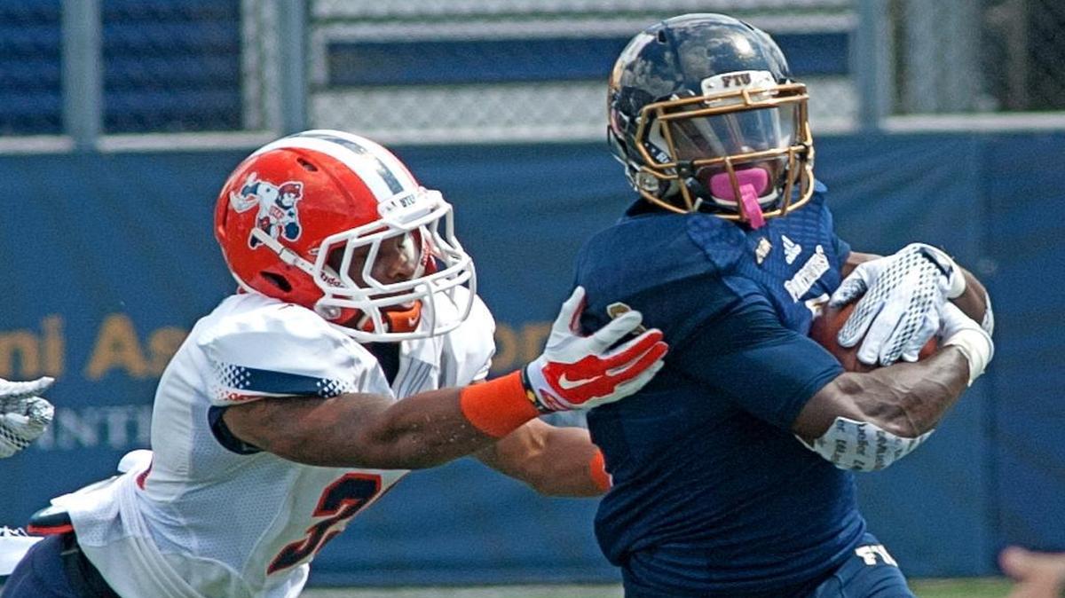 
FIU Panthers cornerback Richard Leonard returns a punt during the second quarter as FIU takes on UTEP in a college football game at Florida International University on Saturday, Oct. 10, 2015 in Miami. FIU beat UTEP 52-12
