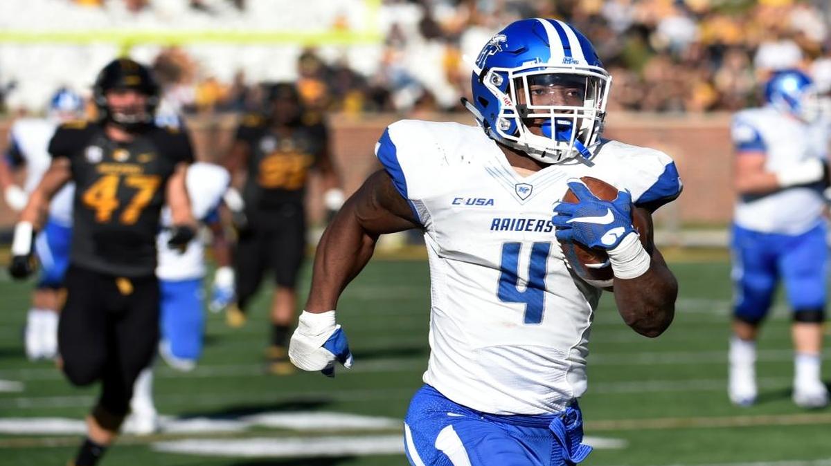 Middle Tennessee running back I'Tavius Mathers carries the ball on a 71-yard touchdown run during the first half of an NCAA college football game against Middle Tennessee, Sat., Oct. 22, 2016, in Columbia, Mo.