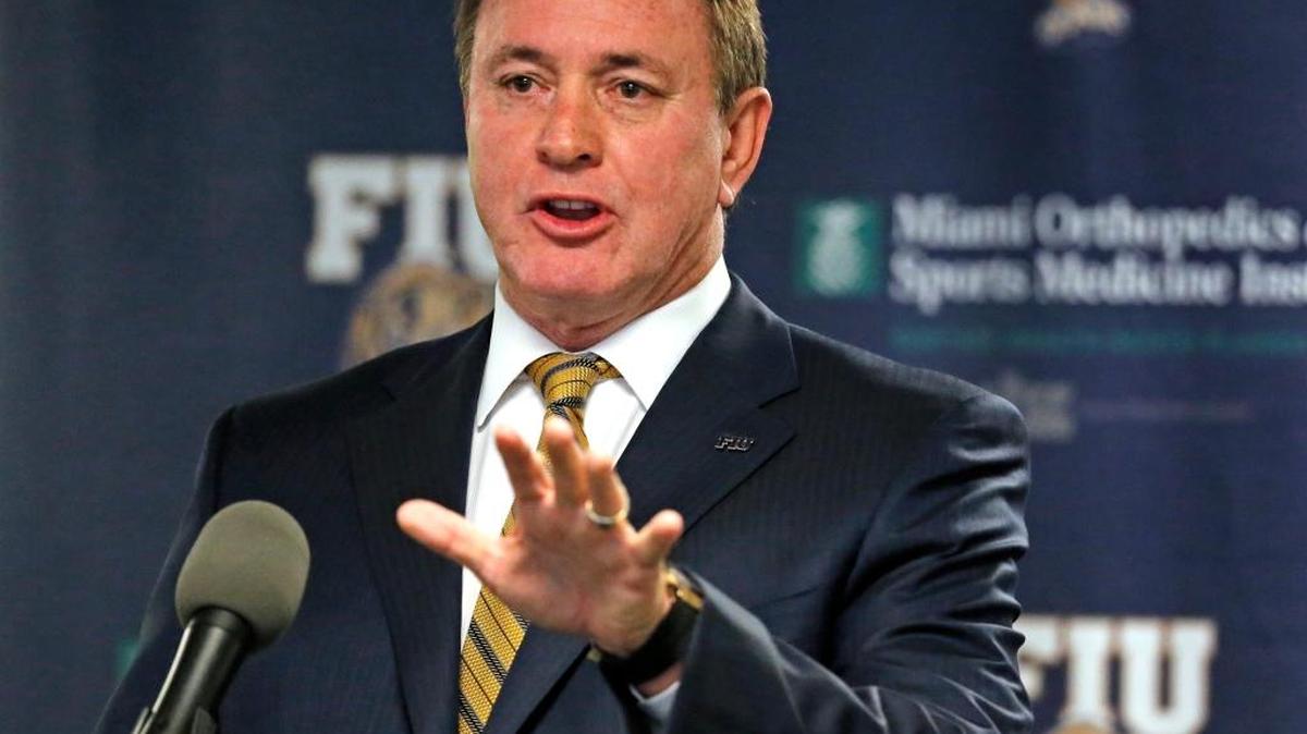 Butch Davis addresses the media after he was introduced as the new head coach of Florida International last fall.