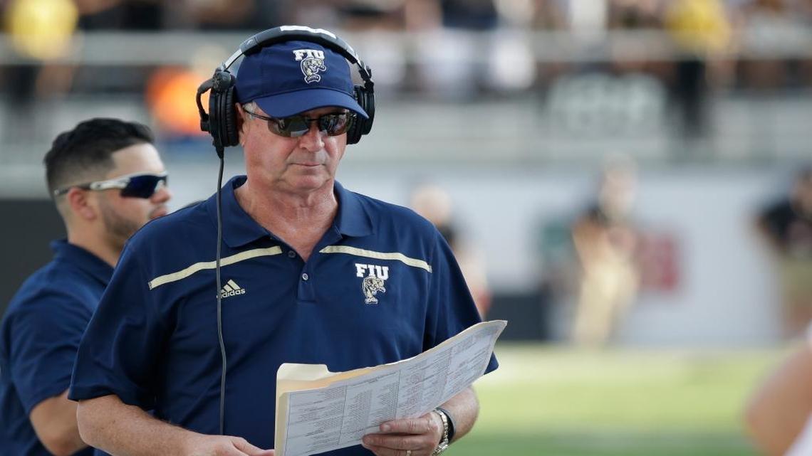 
Florida International head coach Ron Turner walks the sidelines during the first half of an NCAA college football game against Central Florida, Thursday, Sept. 3, 2015, in Orlando, Fla.
