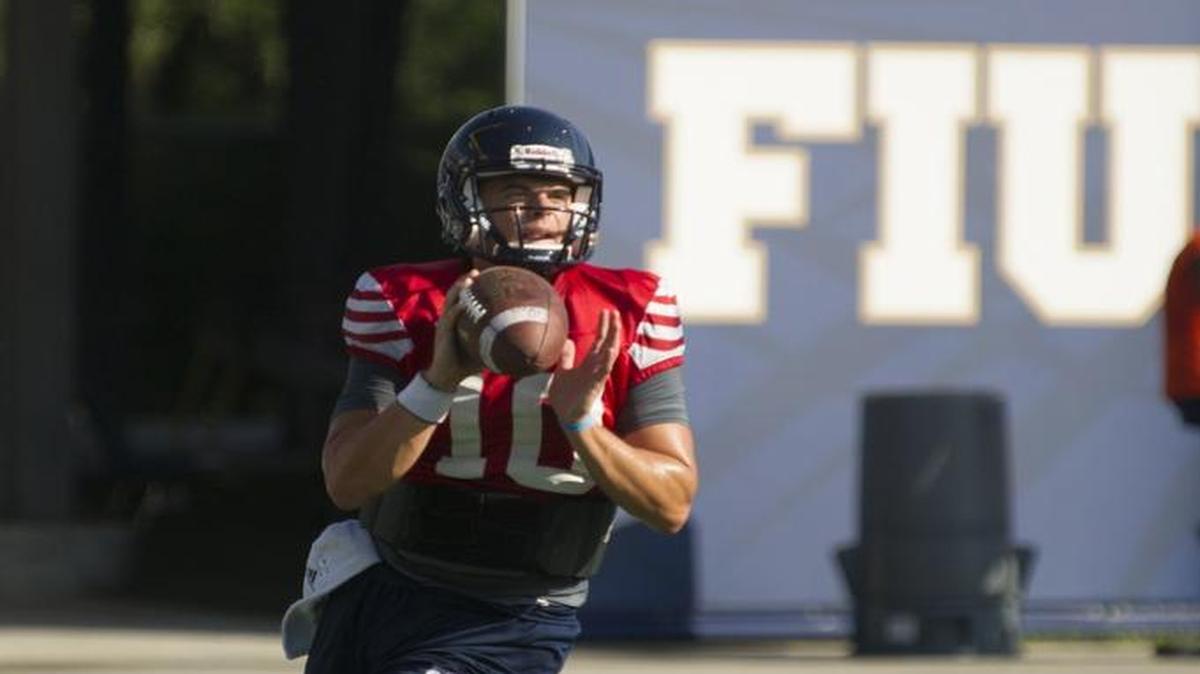 
Backup QB Trey Anderson throws a pass during FIU practice Monday at Ocean Bank Field.
