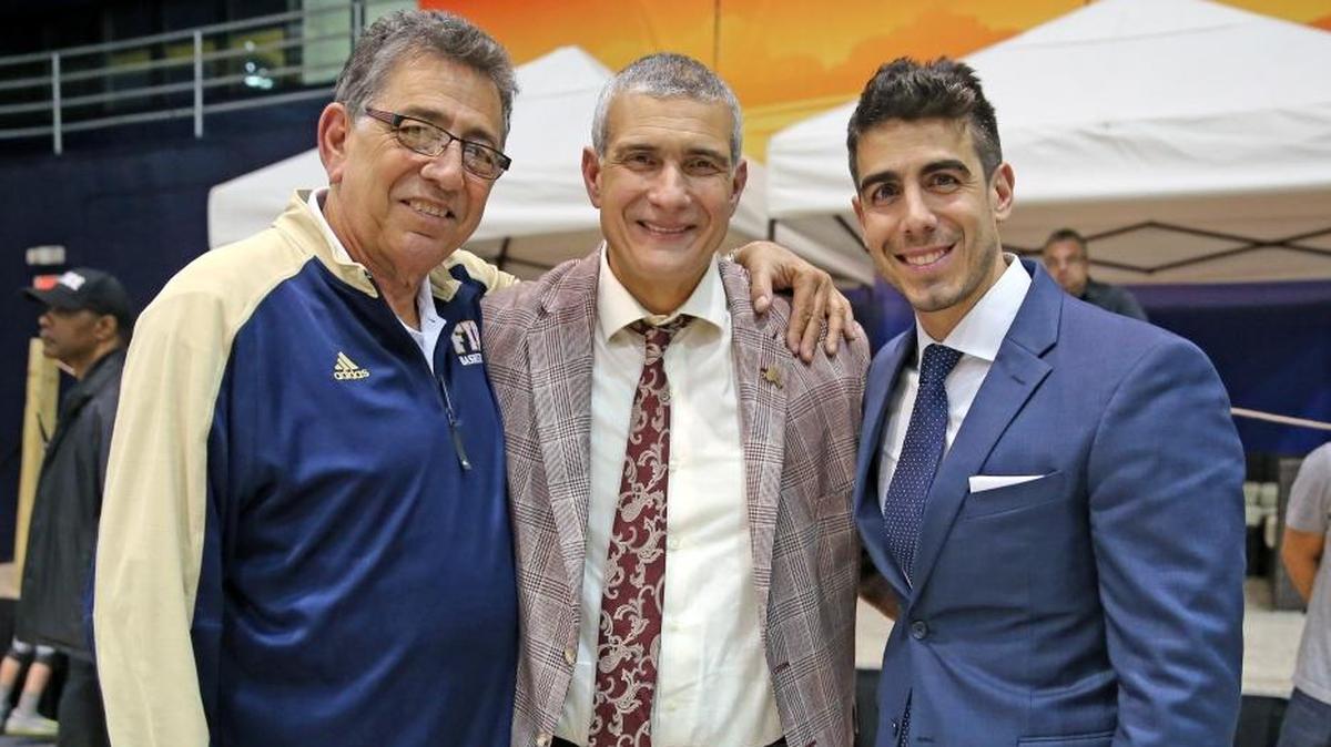 Rafael "Tuna" Oliva and son Mike Oliva, FIU Director of Basketball Operations, with South Carolina Gamecocks coach Frank Martin (center) after FIU Panthers played the Gamecocks at FIU in Miami, Florida, Nov. 27, 2017.