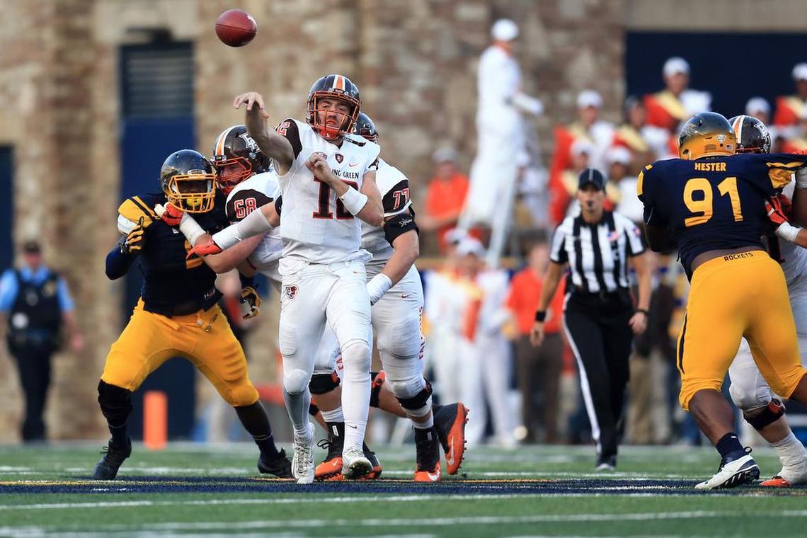 Quarterback James Morgan of the Bowling Green Falcons throws a pass against the Toledo Rockets during the third quarter at Glass Bowl on Oct. 15, 2016. He is transferring to FIU.