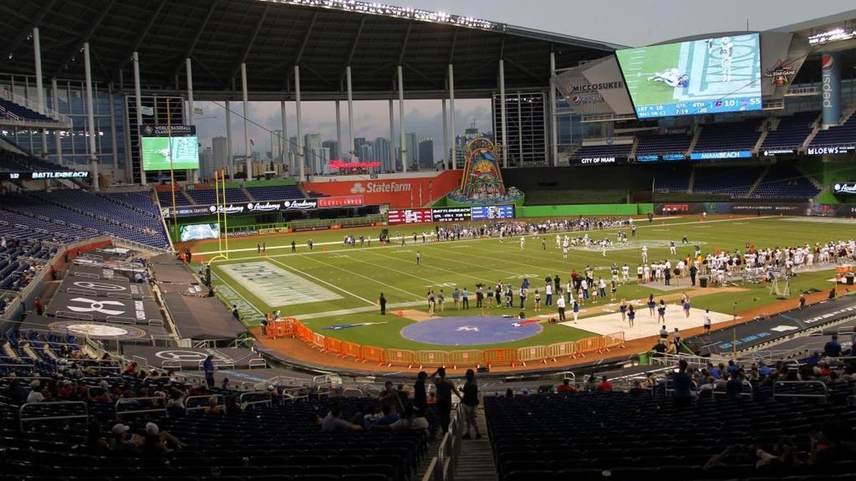 Marlins Park is converted to a football stadium as it hosted the Miami Beach Bowl. Tulsa played against Central Michigan on Mon., Dec. 19, 2016 in the Miami Beach Bowl at Marlins Park in Miami, Florida.