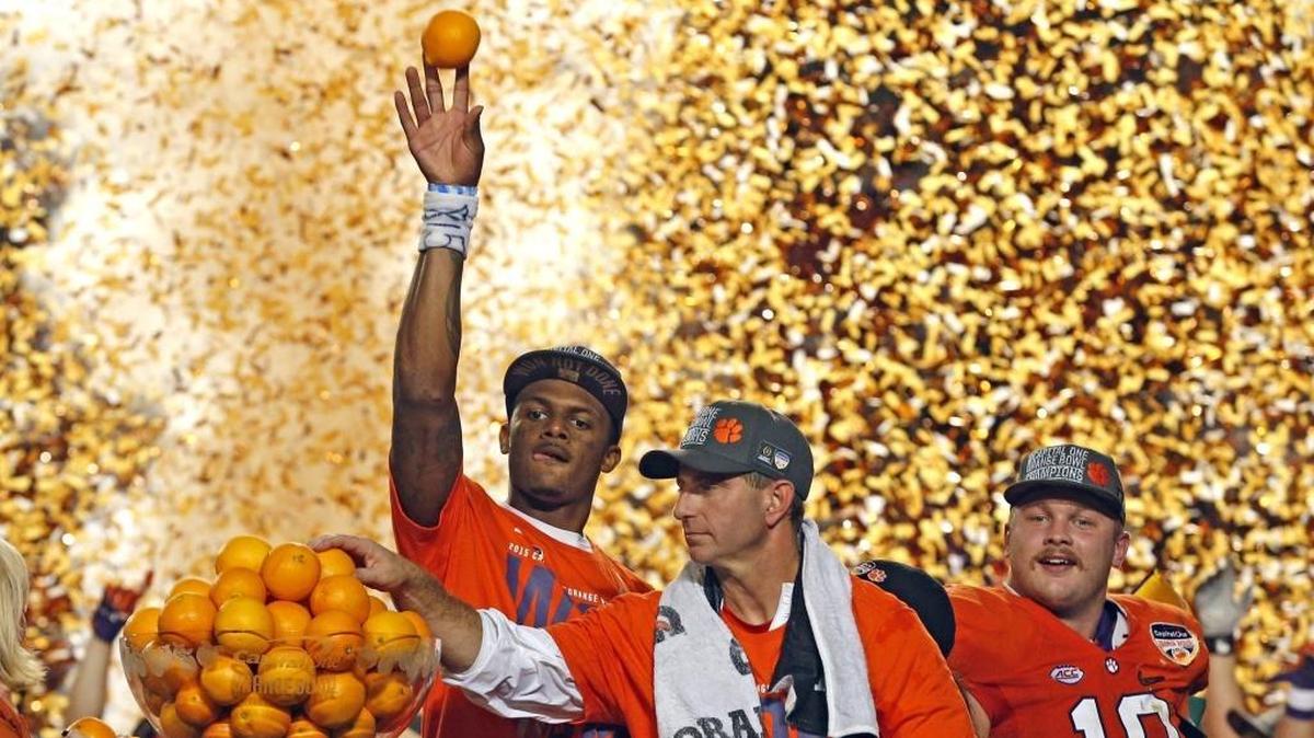 Deshaun Watson (left) celebrates Clemson’s 2015 College Football Playoff win in the Orange Bowl game. Four seasons later he’s leading the Houston Texans -- and just won the Week 5 crown in the Miami Herald NFL quarterback rankings.