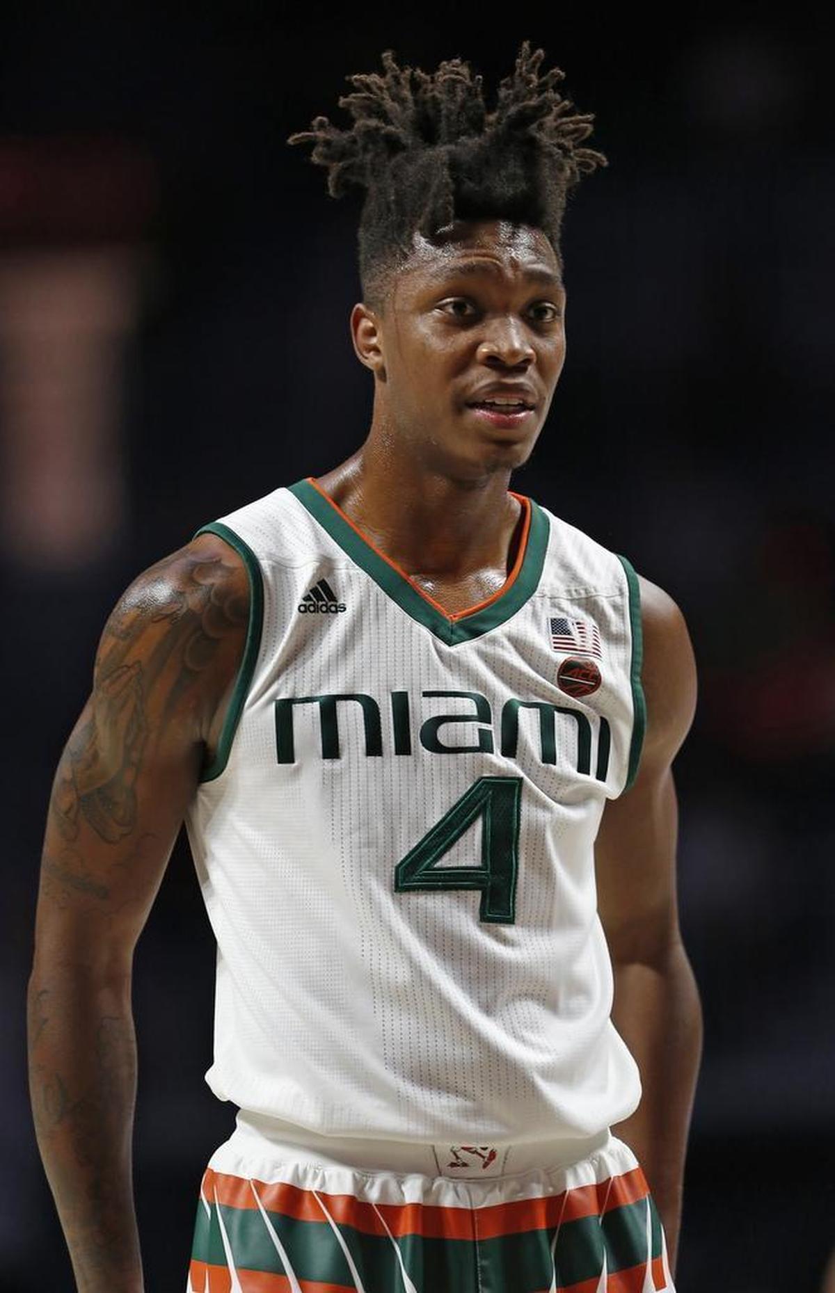 Miami Hurricanes guard Lonnie Walker IV at the free throw line during the first half of an NCAA college basketball game against the Boston University Terriers at the Watsco Center in Coral Gables on Tuesday, Dec. 5, 2017.