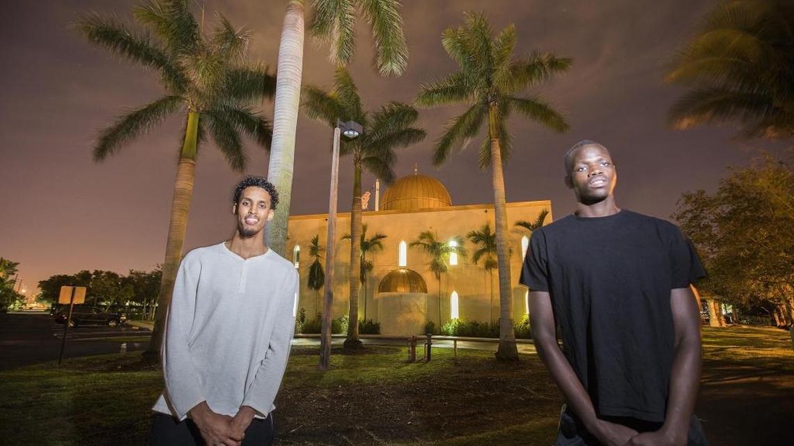 Muslim athletes Hassan Hussein, left, and Elhadji Dieng of Florida International University’s basketball team at Islamic School of Miami in Kendall on Wednesday Jan. 17.