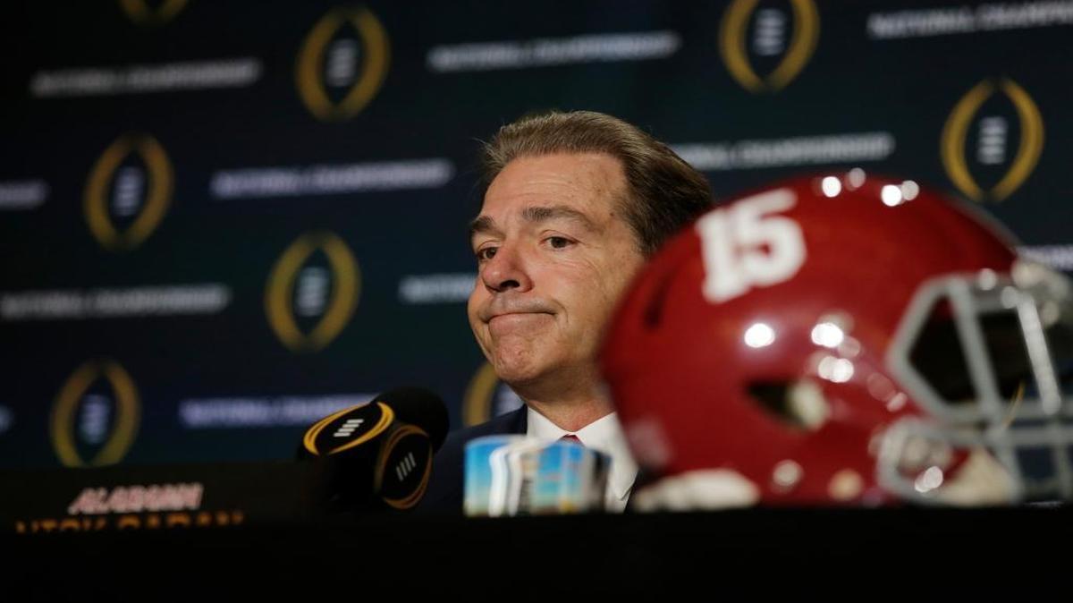 Alabama head coach Nick Saban speaks during a news conference for the NCAA college football playoff championship game Sunday, Jan. 10, 2016, in Glendale, Ariz.