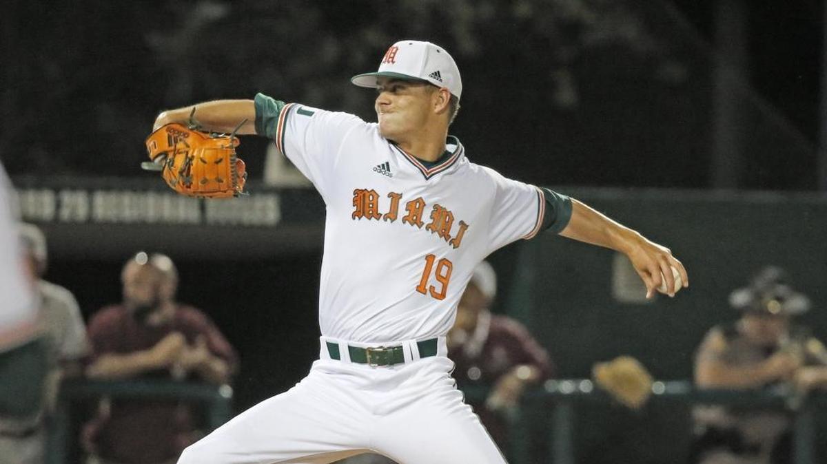Miami pitcher Jeb Bargfeldt (19) throws in the fifth inning as the University of Miami hosts Florida State University at Alex Rodriguez Park at Mark Light Field on Friday, April 21, 2017.