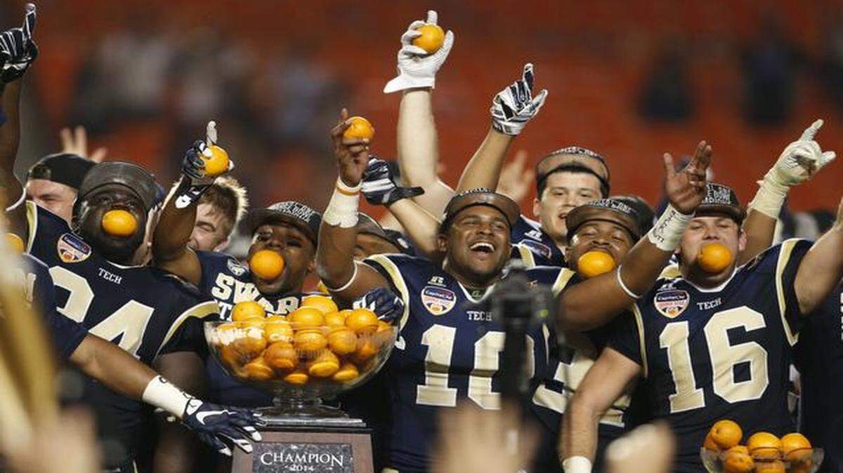 
Georgia Tech celebrates after defeating Mississippi State at the 2014 Orange Bowl Game at Sun Life Stadium on Wednesday, December 31, 2014.
