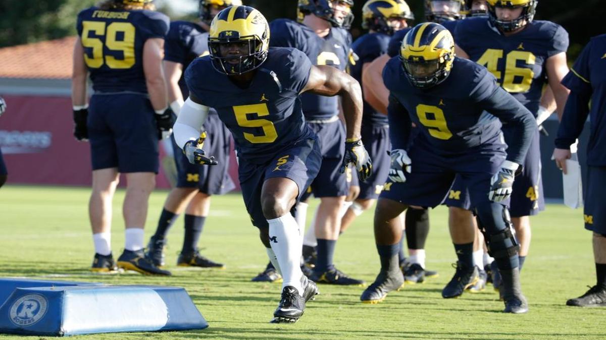 Michigan linebacker Jabrill Peppers (5) runs drills during NCAA college football practice, Tues., Dec. 27, 2016, in Miami. Michigan plays Florida State in the Orange Bowl Friday.