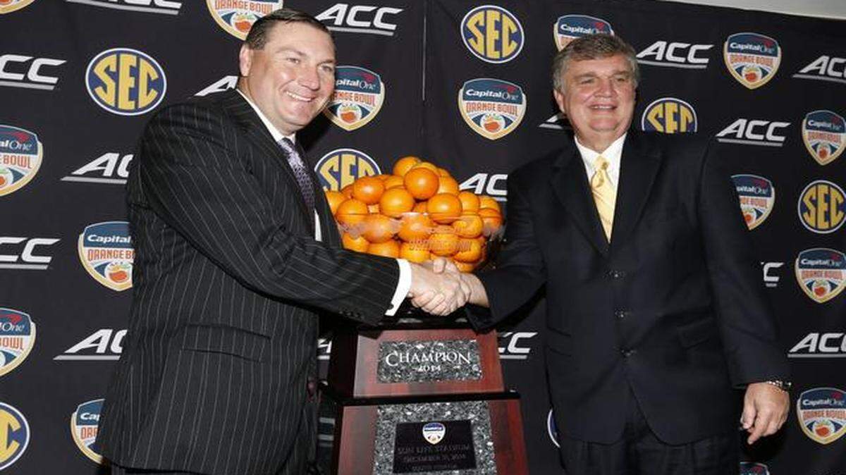 
The teams of Mississippi State coach Dan Mullen, left, and Georgia Tech coach Paul Johnson have exceeded expectations this season, and each program would love to win the Orange Bowl on Wednesday night for a rare 11th victory.
