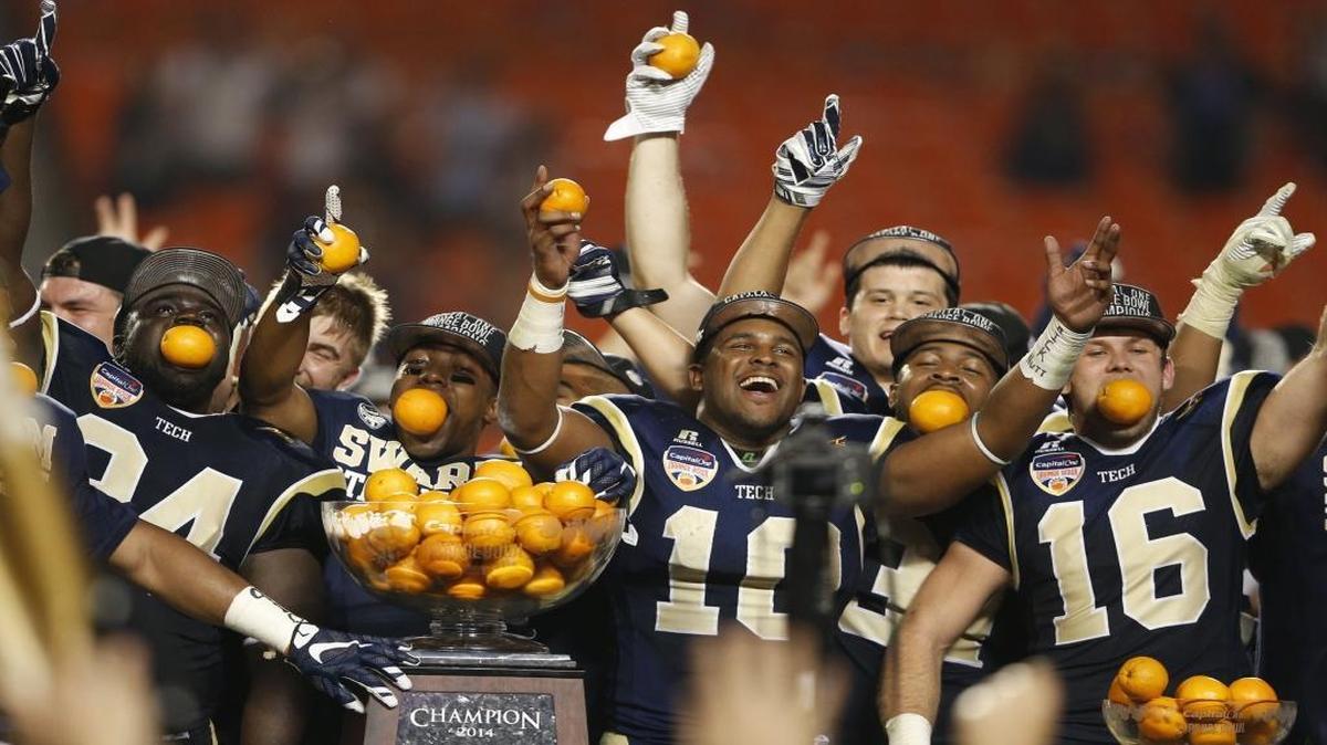 Georgia Tech celebrates after defeating Mississippi State at the 2014 Orange Bowl Game at Sun Life Stadium on Wednesday, December 31, 2014.