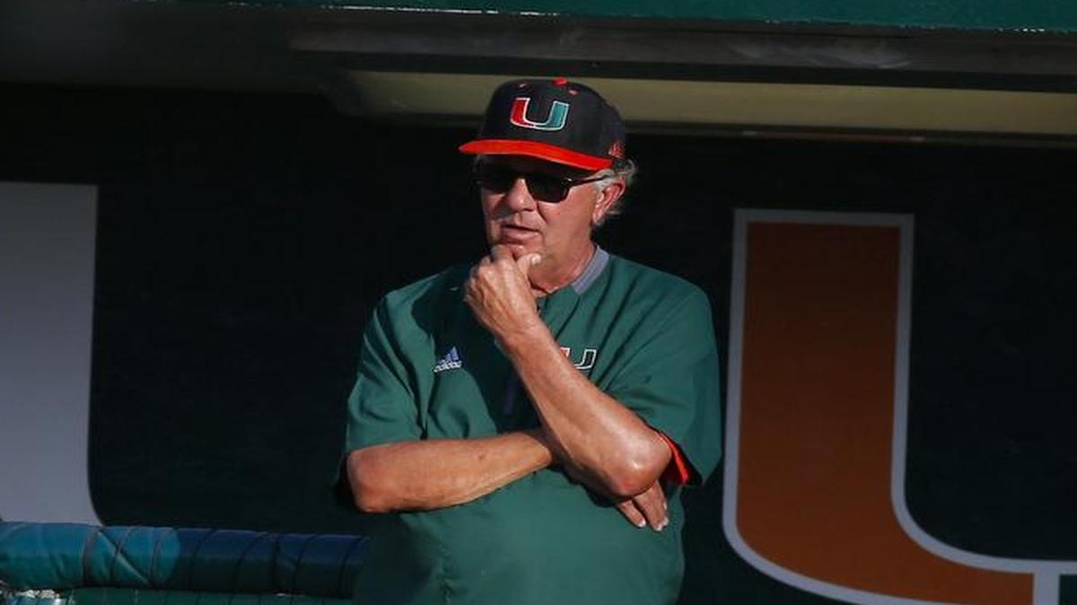 Miami Hurricanes head coach Jim Morris looks from the dugout during the second inning of a NCAA baseball game against the FIU Panthers at Alex Rodriguez Park at Mark Light Field on Wednesday, April 26, 2017 in Coral Gables.