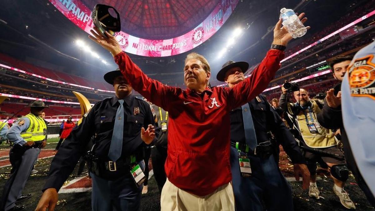 Coach Nick Saban of the Alabama Crimson Tide celebrates beating the Georgia Bulldogs in overtime to win the CFP National Championship, presented by AT&T at Mercedes-Benz Stadium, on Jan. 8, 2018, in Atlanta, Georgia. Alabama won 26-23.