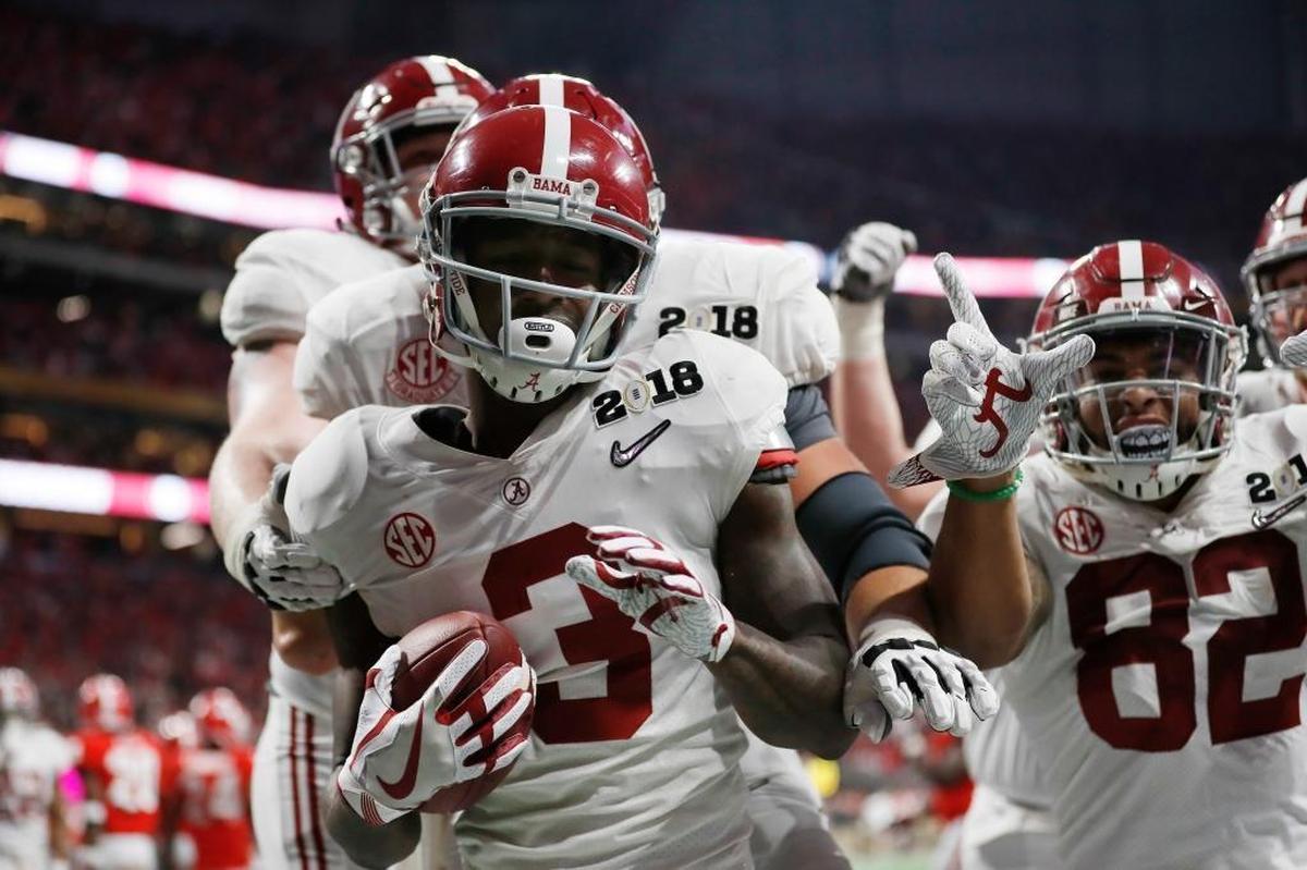 Alabama's Calvin Ridley celebrates his touchdown catch during the second half of the NCAA playoff championship game against Georgia on Jan. 8, 2018, in Atlanta.