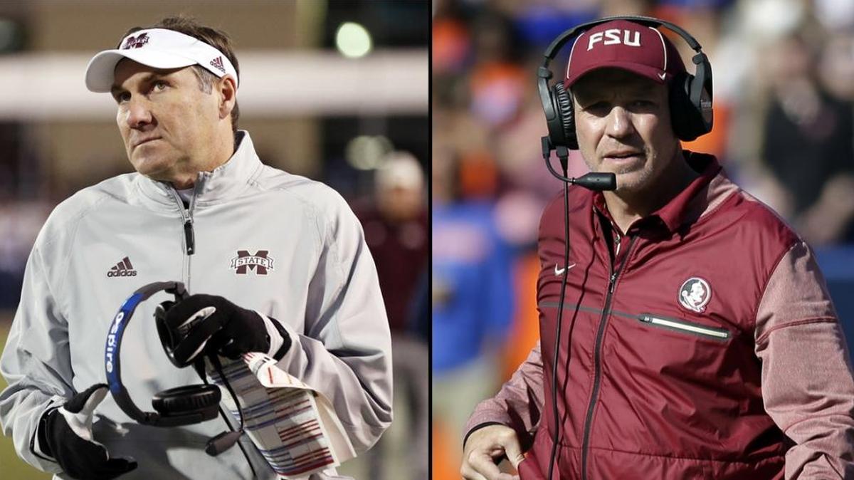 Dan Mullen, left, will be the next coach of the Florida Gators, while reports say Florida State coach Jimbo Fisher will become the coach at Texas A&M.