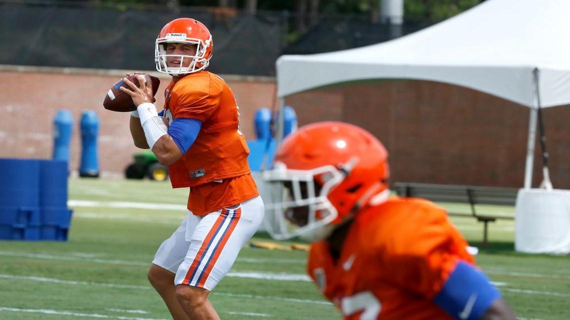 This photo taken Aug. 15, 2017, shows Florida quarterback Feleipe Franks (13) looking to throw a pass to wide receiver Kadarius Toney (17) during football practice in Gainesville, Fla.
